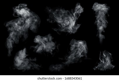 Nebel- oder Rauchsatz einzeln auf schwarzem Hintergrund. Weiße Bewölkung, Nebel oder Smog-Hintergrund. 