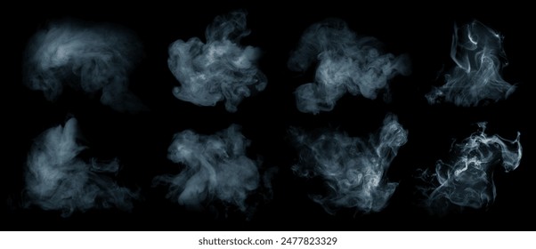 Fog or smoke set isolated on black background. White cloudiness, mist or smog background. 