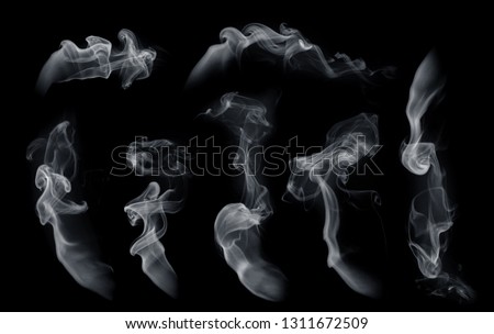 Fog or smoke set isolated on black background. White cloudiness, mist or smog background. 