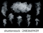 Fog or smoke, steam, vapor set isolated on black background. White cloudiness, mist or smog background. 