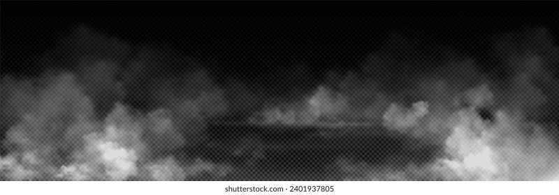 Fog, smoke, white smog clouds on floor, morning mist over the ground or water surface perspective view. Isolated steam circle at night club, magic haze, natural evaporation Realistic 3d vector mockup