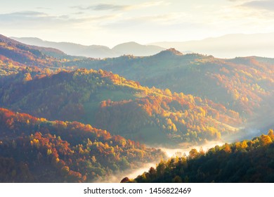 fog in the valley at sunrise. beautiful autumn scenery in mountains. forest on the hill in fall foliage. fluffy clouds on the sky - Shutterstock ID 1456822469
