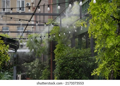Fogging outdoor cool misting system working hot summer day for terrace in cafe. Facility that lowers temperature by spraying fine mist. Air conditioning and water spray system for cooling and fog. - Shutterstock ID 2173373553