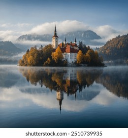 Foggy autumn morning reflection of the Bled island in lake Bled, Slovenia - Powered by Shutterstock