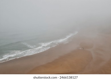 A foggy beach scene with waves gently crashing onto the shore. Three people are walking along the wet sand, creating a serene and misty atmosphere. - Powered by Shutterstock