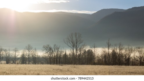 Foggy Cades Cove Morning In Great Smoky Mountains National Park In Winter