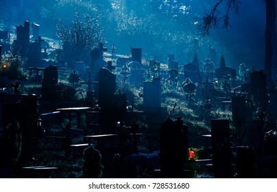 Foggy Dark Night On Cemetery. Orthodox Halloween Concept Background 