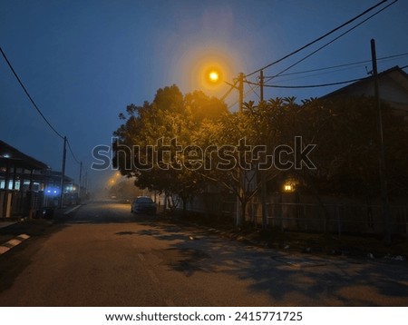 foggy dark night time scene at the residential street.