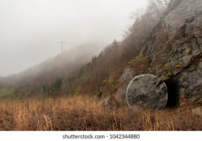 Foggy Day Cross and Tomb Scene