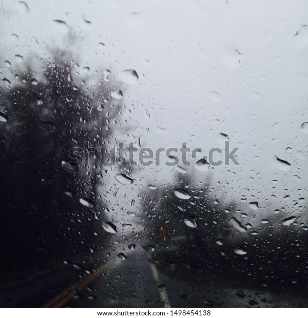 Foggy\
day rain drops through the glass of a car\
window