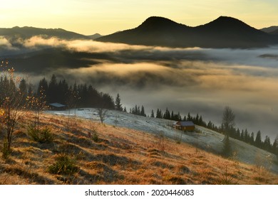 Foggy Early Morning In The Autumn Mountains. Soft Sunlight On The Glades And Firs, Frost On The Grass, A Small House And Fog Over The Mountains.