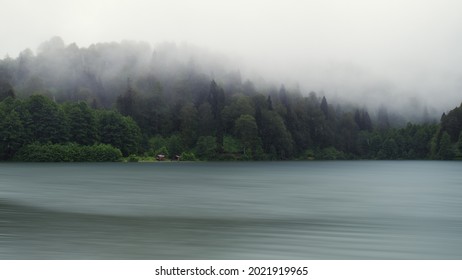 Foggy forest, Misty landscape forest, Beautiful mystical forest in fog, Misty foggy lake forest mountain landscape, Karagol lake artvin, black lake turkey, black lake borcka, karagol karadeniz, 