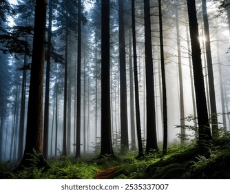 Foggy Forest:Tall trees with mist enveloping parts of the forest, creating a mystical and serene atmosphere. These photos are often captured in the early morning, when the fog is still thick and sunl - Powered by Shutterstock