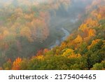 Foggy landscape of autumn forest, Lake of the Clouds, Porcupine Mountains Wilderness State Park, Michigan