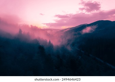 Foggy landscape with fir forest.Mountains with  forest in the fog at sunrise.  - Powered by Shutterstock