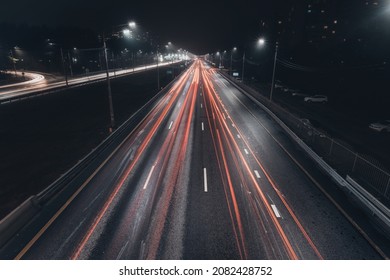 Foggy Misty Night. Road Illuminated By Street Lights, Aerial View.