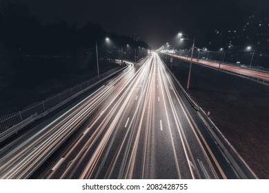 Foggy Misty Night. Road Illuminated By Street Lights, Aerial View.