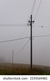 A Foggy Morning In The Countryside In Finland, Old Electric And Telephone Wires Running Through The Air. There Is No People Or Built Environment In The Picture.