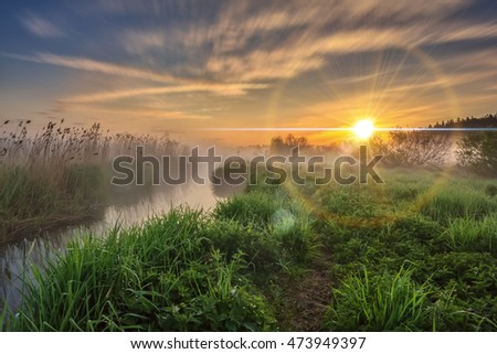 Similar – Image, Stock Photo Foggy river in the morning. Summer misty sunrise