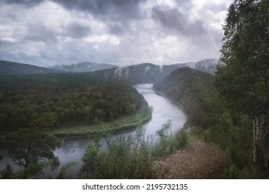 Foggy Morning In A Hilly Valley Landscape River, Atmospheric Mood