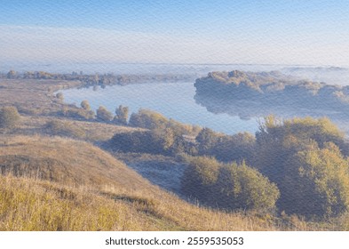 Foggy morning with a lake in the background. The trees are bare and the sky is overcast. Collage, watercolor paper and photography.  - Powered by Shutterstock