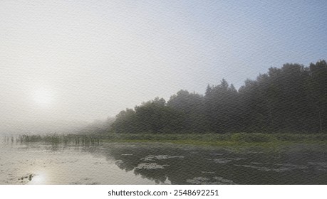 Foggy morning with a lake and trees in the background. The sky is overcast and the sun is barely visible. Collage, watercolor paper and photography.   - Powered by Shutterstock