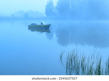 a foggy morning and a lonely boat - Powered by Shutterstock