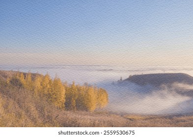 Foggy morning with a misty hillside and trees in the background. The sky is a light blue color. Collage, watercolor paper and photography.  - Powered by Shutterstock