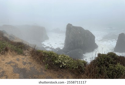 A foggy morning view of rugged coastal cliffs surrounded by crashing ocean waves, with overgrown vegetation framing the dramatic and mysterious seascape. - Powered by Shutterstock