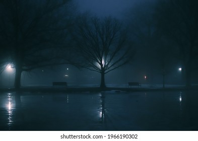 A Foggy Night Over A Frozen Pond