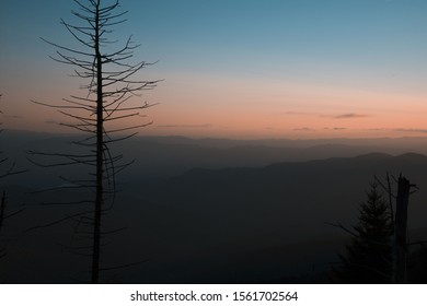 Foggy Night View On Beautiful Sunset In Great Smoky Mountains