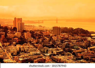 foggy orange sky of San Francisco skyline. California fires in United States of America. Composition about wildfires and climate change concepts. - Shutterstock ID 1815787943