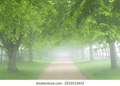 A foggy pathway lined with lush green trees and a wooden fence, creating a serene and tranquil atmosphere. - Powered by Shutterstock