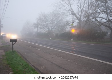 Foggy Road In School Zone With Flashing Lights And Sign