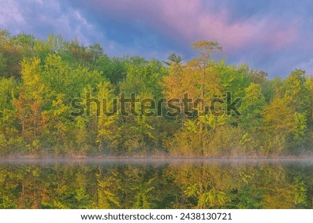Foggy spring landscape at sunrise of the shoreline of Long Lake and with reflections in calm water, Yankee Springs State Park, Michigan, USA