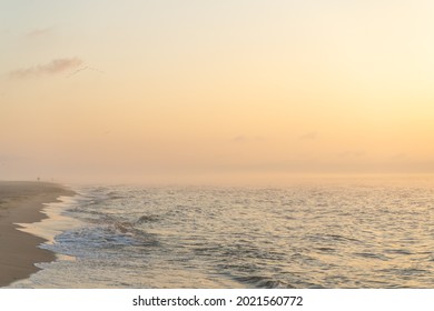 Foggy sunrise over the sea. Pastel shades. Beautiful landscape. Sandy beach of the ocean. Sunset sky. Clouds and fog. Coast. A flock of birds flies away like a wedge in the sky. - Powered by Shutterstock