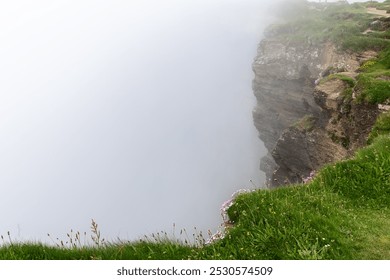 A foggy view of the Cliffs of Moher in County Clare, Ireland, shows the steep cliff face partially obscured by dense mist. The vibrant green grass and wildflowers at the cliff edge - Powered by Shutterstock