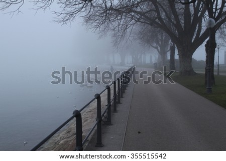 Foggy weather in Lake Constance (Bodensee) in Bregenz, Vorarlberg, Austria.