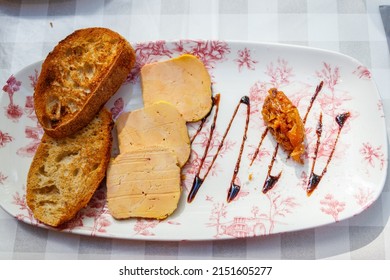 Foie Gras With Sauce And Toasted Bread. Top View