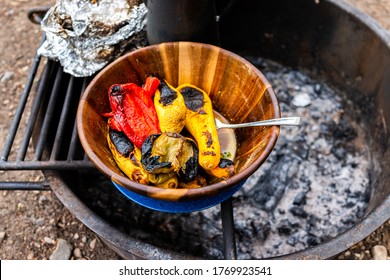 Foil By Grilled Green Pepper And Zucchini Yellow Squash Roasted Vegetables On Grill In Fire Pit At Campground Cooking Dinner Camping