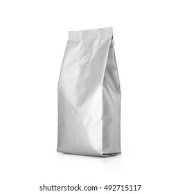 Foil Plastic Paper Bag Isolated On White Background. Packaging Template Mockup Collection. With Clipping Path Included. Aluminium Coffee Package.