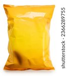 Foil and plastic snack bags mockup isolated on white background, Yellow colored pillow packages for food production, snack wrappers on White Background With clipping path.