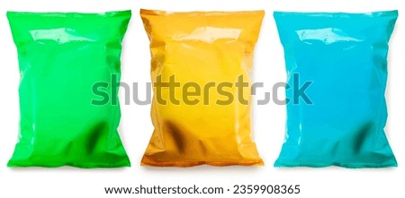 Foil and plastic snack bags mockup isolated on white background, Colourful pillow packages for food production, snack wrappers on White Background With clipping path.