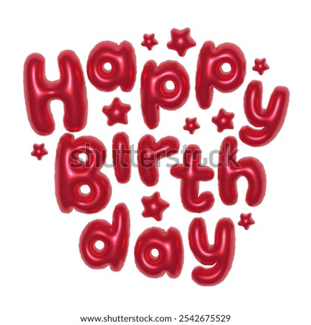 Foil words happy birthday, red metallic letters with stars, celebration vibe
