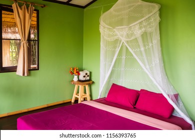 Fold Mosquito Net Over Purple Bed In Green Bedroom