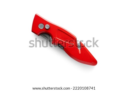Foldable Closed Red Box Cutter Utility Knife with New Blade, Carpet Knife Cutter Isolated On White Background with Shadow with wire stripping and gut hook