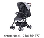 Foldable Lightweight Baby Stroller showcases a compact, gray and black four-wheeled stroller with a canopy and storage basket underneath.