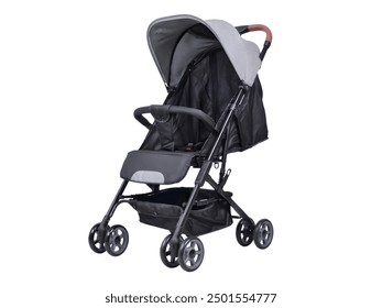 Foldable Lightweight Baby Stroller showcases a compact, gray and black four-wheeled stroller with a canopy and storage basket underneath.