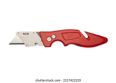 Foldable Open Red Box Cutter Utility Knife with New Blade, Carpet Knife Cutter Isolated On White Background with Shadow with wire stripping and gut hook