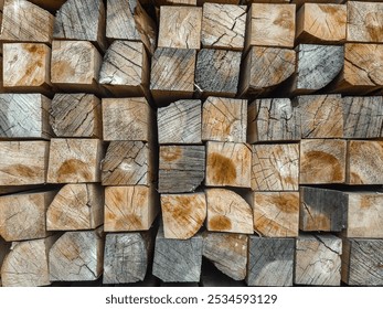 A folded bar in a stack. The end part is made of treated wooden beams. Background with a wood texture. Industrial texture of lumber. A close-up background image of a stack of wooden beams.